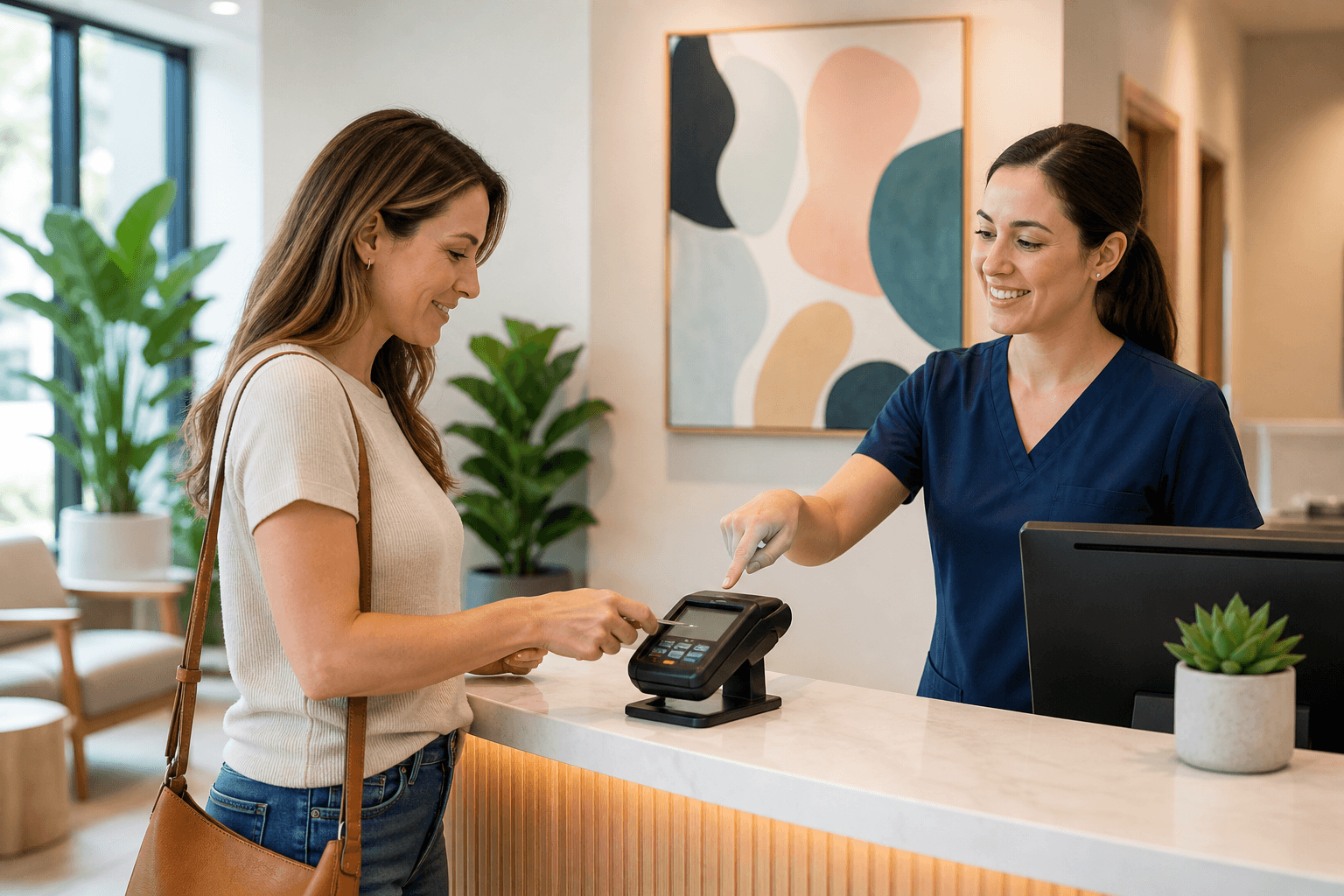 Woman paying at a reception desk while a smiling medical receptionist in scrubs assists.