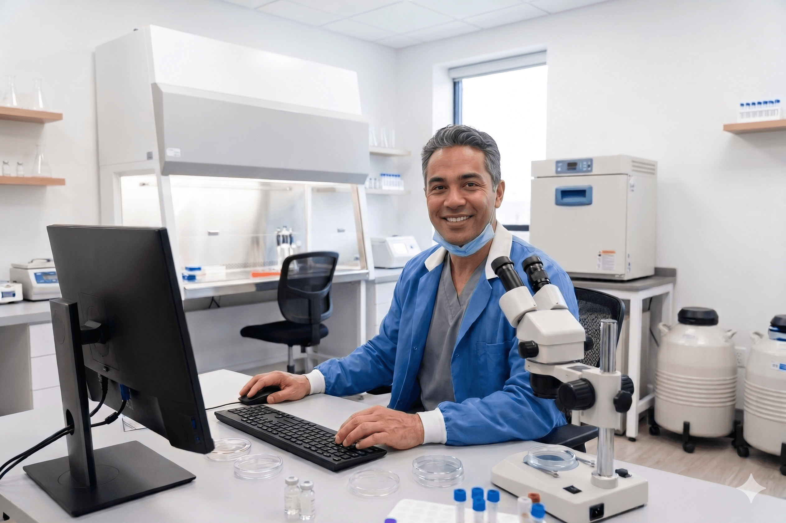 Smiling scientist in blue lab coat at a computer with a microscope in a laboratory.