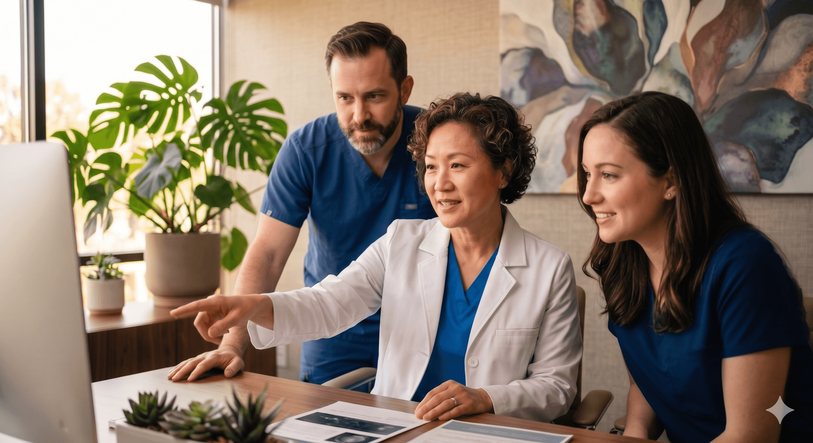 Three medical professionals collaborate while looking at a computer screen in a bright office.