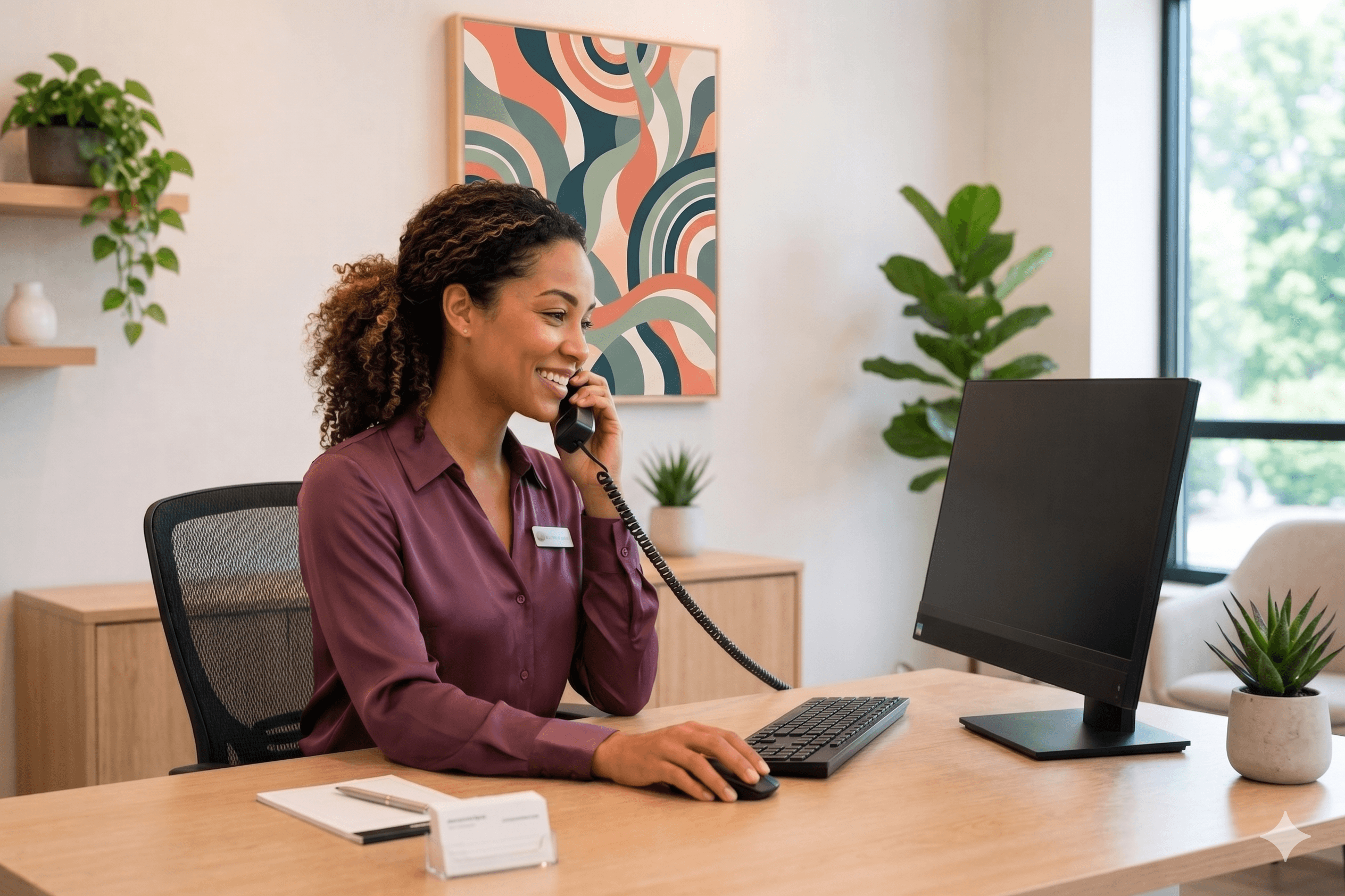 Smiling woman in a purple blouse talks on the phone at a modern office desk.