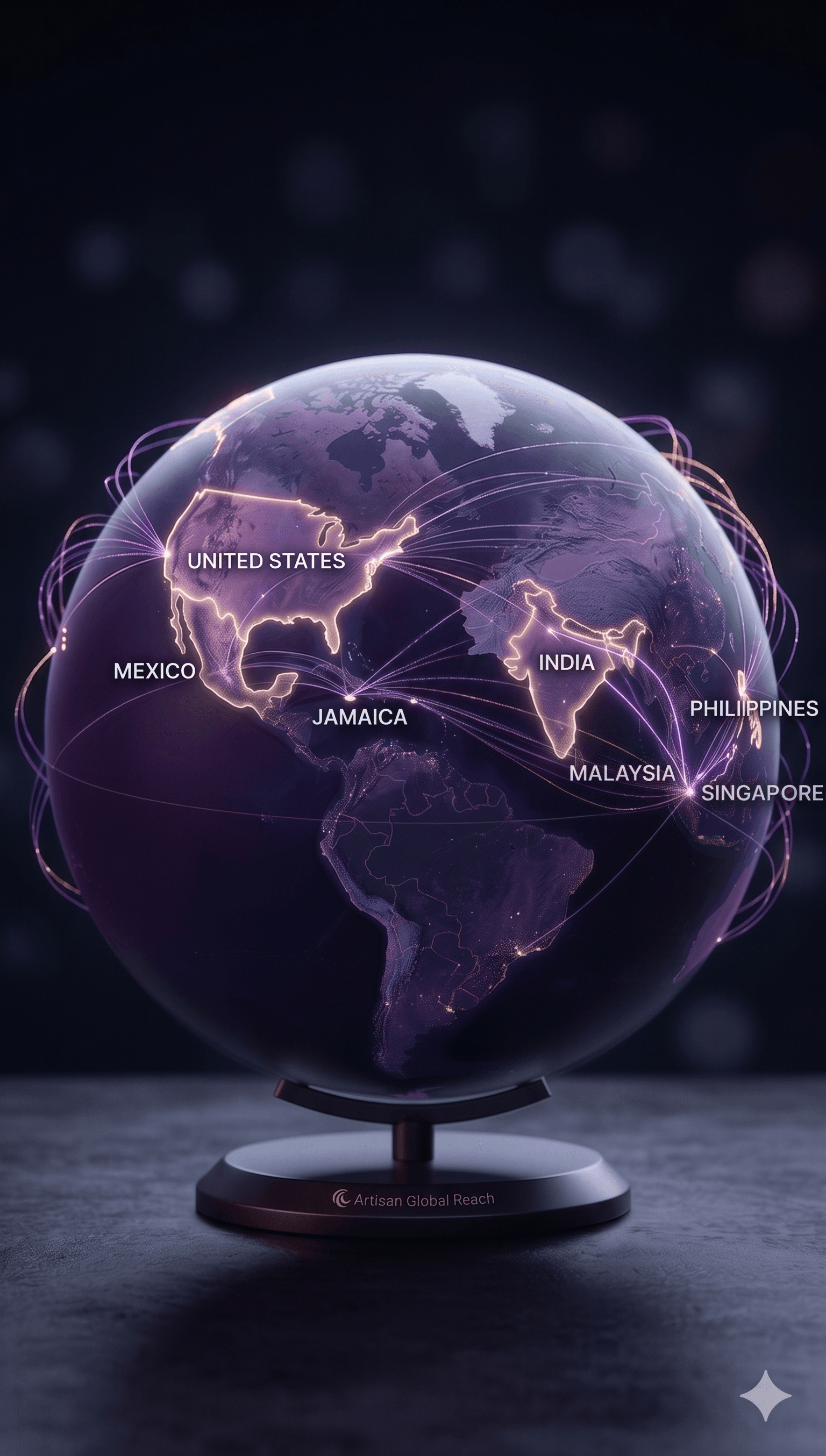Glowing globe with purple lines connecting labeled countries, illustrating global reach and international connectivity.