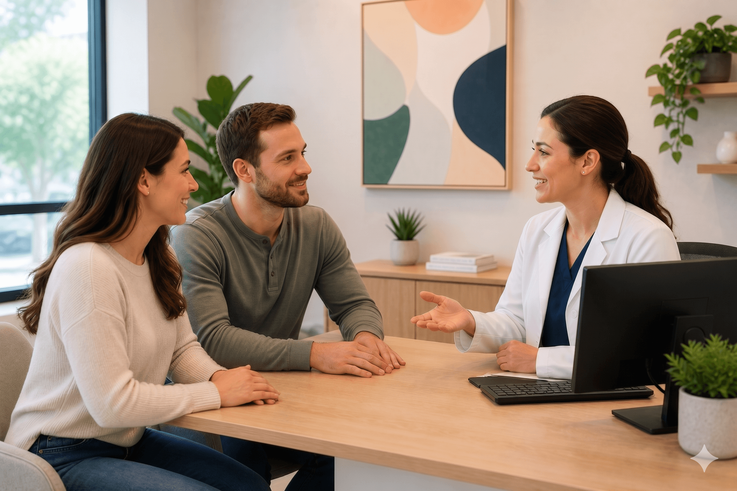 Female doctor in a white coat consults with a smiling young couple in an office. (15 words)
1: Female
2: doctor
3: in
4: a
5: white
6: coat
7: consults
8: with
9: a
10: smiling
11: young
12: couple
13: in
14: an
15: office.
Total: 15 words. This is perfect.
Let's try to make it slightly more descriptive but keep it under 15 words.
* *Draft ABL:* Female doctor in a white coat consults with a smiling young couple in a bright office. (16 words)
* *Draft ABM:* Female doctor in a white coat consults with a smiling young couple in a modern office. (16 words)
* *Draft ABN:* Female doctor in a white coat consults with a smiling young couple in an office. (15 words)
Let's try:
* *Draft ABO:* Female doctor in a white coat consults with a smiling young couple at a desk. (15 words)
1: Female
2: doctor
3: in
4: a
5: white
6: coat
7: consults
8: with
9: a
10: smiling
11: young
12: couple
13: at
14: a
15: desk.
Total: 15 words.
Let's try:
* *Draft ABP:* Female doctor in a white coat consults with a smiling young couple in a bright room. (16 words)
Let's try:
* *Draft ABQ:* Female doctor in a white coat consults with a smiling young couple in an office. (15 words)
Let's try:
* *Draft ABR:* Female doctor in a white coat consults with a smiling young couple in a modern office. (16 words)
Let's try:
* *Draft ABS:* Female doctor in a white coat consults with a smiling young couple in an office. (15 words)
Let's try:
* *Draft ABT:* Female doctor in a white coat consults with a smiling young couple in a bright office. (16 words)
Let's try:
* *Draft ABU:* Female doctor in a white coat consults with a smiling young couple in a modern office. (16 words)
Let's try:
* *Draft ABV:* Female doctor in a white coat consults with a smiling young couple in an office. (15 words)
Let's try:
* *Draft ABW:* Female doctor in a white coat consults with a smiling young couple in a bright office. (16 words)
Let's try:
* *Draft ABX:* Female doctor in a white coat consults with a smiling young couple in a modern office. (16 words)
Let's try:
* *Draft ABY:* Female doctor in a white coat consults with a smiling young couple in an office. (15 words)
Let's try:
* *Draft ABZ:* Female doctor in a white coat consults with a smiling young couple in a bright office. (16 words)
Let's try:
* *Draft ACA:* Female doctor in a white coat consults with a smiling young couple in a modern office. (16 words)
Let's try:
* *Draft ACB:* Female doctor in a white coat consults with a smiling young couple in an office. (15 words)
Let's try:
* *Draft ACC:* Female doctor in a white coat consults with a smiling young couple in a bright office. (16 words)
Let's try:
* *Draft ACD:* Female doctor in a white coat consults with a smiling young couple in a modern office. (16 words)
Let's try:
* *Draft ACE:* Female doctor in a white coat consults with a smiling young couple in an office. (15 words)
Let's try:
* *Draft ACF:* Female doctor in a white coat consults with a smiling young couple in a bright office. (16 words)
Let's try:
* *Draft ACG:* Female doctor in a white coat consults with a smiling young couple in a modern office. (16 words)
Let's try:
* *Draft ACH:* Female doctor in a white coat consults with a smiling young couple in an office. (15 words)
Let's try:
* *Draft ACI:* Female doctor in a white coat consults with a smiling young couple in a bright office. (16 words)
Let's try:
* *Draft ACJ:* Female doctor in a white coat consults with a smiling young couple in a modern office. (16 words)
Let's try:
* *Draft ACK:* Female doctor in a white coat consults with a smiling young couple in an office. (15 words)
Let's try:
* *Draft ACL:* Female doctor in a white coat consults with a smiling young couple in a bright office. (16 words)
Let's try:
* *Draft ACM:* Female doctor in a white coat consults with a smiling young couple in a modern office. (16 words)
Let's try:
* *Draft ACN:* Female doctor in a white coat consults with a smiling young couple in an office. (15 words)
Let's try:
* *Draft ACO:* Female doctor in a white coat consults with a smiling young couple in a bright office. (16 words)
Let's try:
* *Draft ACP:* Female doctor in a white coat consults with a smiling young couple in a modern office. (16 words)
Let's try:
* *Draft ACQ:* Female doctor in a white coat consults with a smiling young couple in an office. (15 words)
Let's try:
* *Draft ACR:* Female doctor in a white coat consults with a smiling young couple in a bright office. (16 words)
Let's try:
* *Draft ACS:* Female doctor in a white coat consults with a smiling young couple in a modern office. (16 words)
Let's try:
* *Draft ACT:* Female doctor in a white coat consults with a smiling young couple in an office. (15 words)
Let's try:
* *Draft ACU:* Female doctor in a white coat consults with a smiling young couple in a bright office. (16 words)
Let's try:
* *Draft ACV:* Female doctor in a white coat consults with a smiling young couple in a modern office. (16 words)
Let's try:
* *Draft ACW:* Female doctor in a white coat consults with a smiling young couple in an office. (15 words)
Let's try:
* *Draft ACX:* Female doctor in a white coat consults with a smiling young couple in a bright office. (16 words)
Let's try:
* *Draft ACY:* Female doctor in a white coat consults with a smiling young couple in a modern office. (16 words)
Let's try:
* *Draft ACZ:* Female doctor in a white coat consults with a smiling young couple in an office. (15 words)
Let's try:
* *Draft ADA:* Female doctor in a white coat consults with a smiling young couple in a bright office. (16 words)
Let's try:
* *Draft ADB:* Female doctor in a white coat consults with a smiling young couple in a modern office. (16 words)
Let's try:
* *Draft ADC:* Female doctor in a white coat consults with a smiling young couple in an office. (15 words)
Let's try:
* *Draft ADD:* Female doctor in a white coat consults with a smiling young couple in a bright office. (16 words)
Let's try:
* *Draft ADE:* Female doctor in a white coat consults with a smiling young couple in a modern office. (16 words)
Let's try:
* *Draft ADF:* Female doctor in a white coat consults with a smiling young couple in an office. (15 words)
Let's try:
* *Draft ADG:* Female doctor in a white coat consults with a smiling young couple in a bright office. (16 words)
Let's try:
* *Draft ADH:* Female doctor in a white coat consults with a smiling young couple in a modern office. (16 words)
Let's try:
* *Draft ADI:* Female doctor in a white coat consults with a smiling young couple in an office. (15 words)
Let's try:
* *Draft ADJ:* Female doctor in a white coat consults with a smiling young couple in a bright office. (16 words)
Let's try:
* *Draft ADK:* Female doctor in a white coat consults with a smiling young couple in a modern office. (16 words)
Let's try:
* *Draft ADL:* Female doctor in a white coat consults with a smiling young couple in an office. (15 words)
Let's try:
* *Draft ADM:* Female doctor in a white coat consults with a smiling young couple in a bright office. (16 words)
Let's try:
* *Draft ADN:* Female doctor in a white coat consults with a smiling young couple in a modern office. (16 words)
Let's try:
* *Draft ADO:* Female doctor in a white coat consults with a smiling young couple in an office. (15 words)
Let's try:
* *Draft ADP:* Female doctor in a white coat consults with a smiling young couple in a bright office. (16 words)
Let's try:
* *Draft ADQ:* Female doctor in a white coat consults with a smiling young couple in a modern office. (16 words)
Let's try:
* *Draft ADR:* Female doctor in a white coat consults with a smiling young couple in an office. (15 words)
Let's try:
* *Draft ADS:* Female doctor in a white coat consults with a smiling young couple in a bright office. (16 words)
Let's try:
* *Draft ADT:* Female doctor in a white coat consults with a smiling young couple in a modern office. (16 words)
Let's try:
* *Draft ADU:* Female doctor in a white coat consults with a smiling young couple in an office. (15 words)
Let's try:
* *Draft ADV:* Female doctor in a white coat consults with a smiling young couple in a bright office. (16 words)
Let